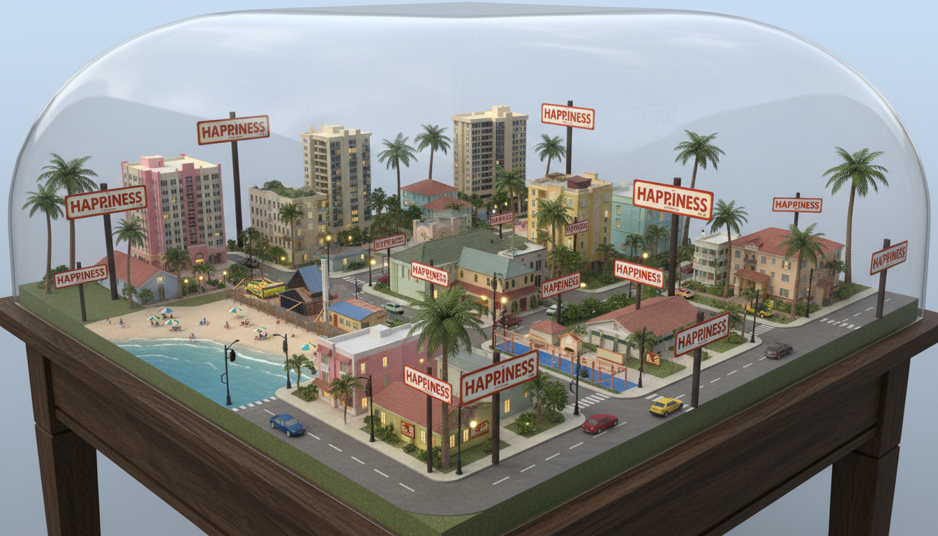 A miniature tabletop city under a glass dome with dozens of red HAPPINESS signs placed throughout the streets, buildings, and intersections — a model of the experiment at city scale